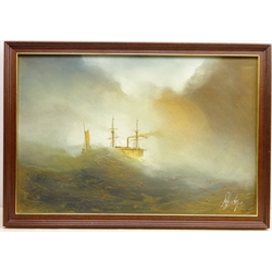  Steam Ship in Rough Seas, 20th century oil on canvas signed by Robert Huxley 49cm x 64.5cm  and Scarborough, watercolour signed by Ken Perry 25cm x 35cm (2)   