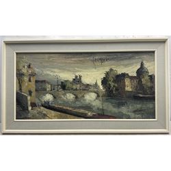 Continental School (Mid 20th century): City River scene with Commercial Barge, oil on canvas indistinctly signed 38cm x 78cm
Provenance: with John Mathieson & Co, 20 Frederick Street, Edinburgh, 1950/60's label verso