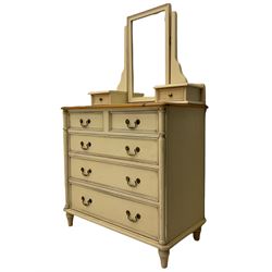Laura Ashley pine and cream finish vanity chest, fitted with two short and three long drawers, swing mirror back