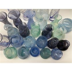 Collection of green/blue Caithness glass vases, to include mottled and swirl designs, largest 20cm (26)