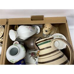 Quantity of Victorian and later ceramics to include Hornsea jars, Minton Haddon Hall bowl, studio pottery, Carlton Ware, Beswick figure, Portmeirion, Royal Doulton, Delft style tiles etc in two boxes