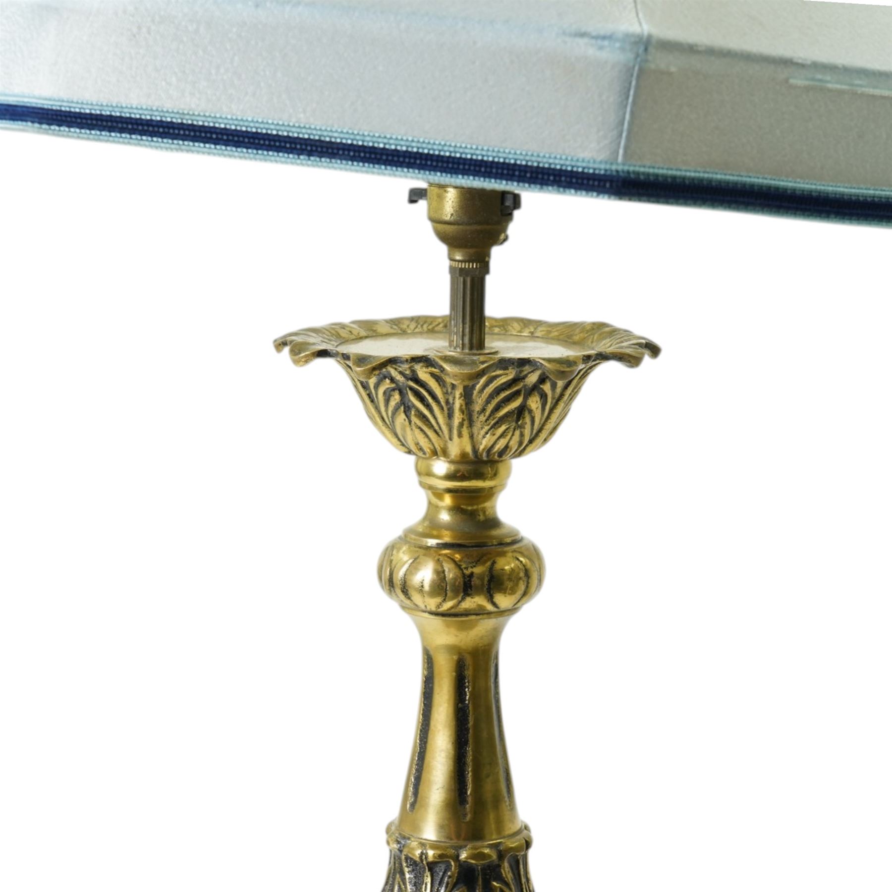 Victorian design brass table lamp with baluster stem and tricorn base H76cm excluding fitting