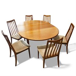 G-Plan - circular teak dining table and six chairs, round top with internal fold out leaf ...