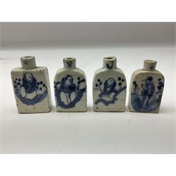 Eight Chinese blue and white snuff bottles, probably early 20th century, a number painted with figures, others with flowers or stylised motifs, also painted with character type marks verso, tallest example H7cm
