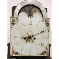  19th century mahogany crossbanded oak longcase clock, arched dial with moonphase, case with swan neck pediment with fluted angles, 8 day movement striking the hours, H222cm  