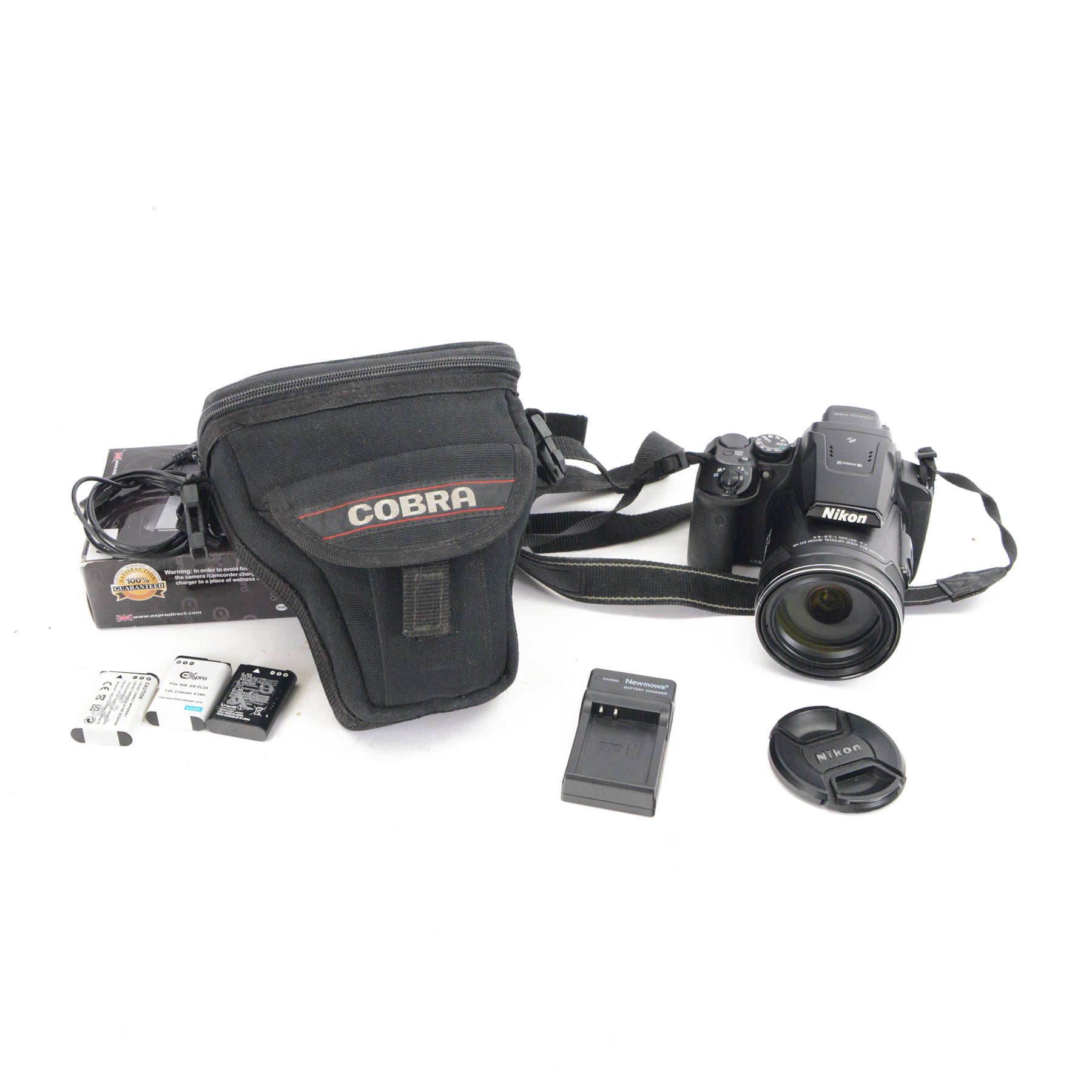 Nikon Coolpix P900 digital camera serial no. 40116983, with a Nikkor 83x wide optical zoom ED VR 4.3-357mm 1:2.8-6.5 lens, boxed with strap, Cobra case, dual and single chargers and three batteries