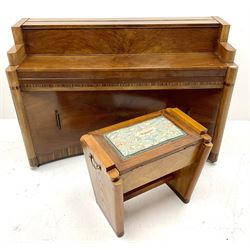 Art Deco Steck upright piano in walnut case with cross banding details and recoverable music stand (W190cm, D52cm, H97cm), together with matching style stool, lift lid seat upholstered in floral patterned fabric (W62cm, D44cm, H55cm)