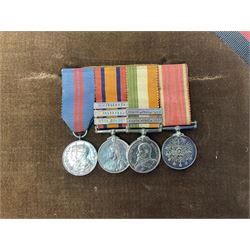 DOW Eure-et-Loir group of seven Boer War/WW1 medals comprising Queens South Africa Medal with three clasps for Cape Colony, Transvaal and Wittebergen, Kings South Africa Medal with two clasps for South Africa 1901 and South Africa 1902, Turkish Liakat Medal, George V Coronation Medal, 1914 Star with 5th Aug.-22nd Nov. 1914 bar, British War Medal and Victory Medal awarded to Captain Douglas Leslie Stephen Grenadier Guards; group of four Boer War and 1911 Coronation miniature medals; all with ribbons and later mounted and framed with his bronze memorial plaque;  together with Cecil Cutler (active 1886-1934) heightened watercolour three-quarter length portrait of Douglas in uniform, signed and dated 1915, 52 x 35cm; gilt frame; Auctioneers Note: Douglas was the elder brother of Albert Alexander Leslie Stephen (see previous lot) and died of wounds on 10th September 1914 in France.