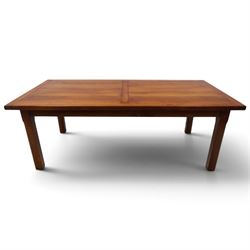 French cherry wood extending dining table, rectangular top on square chamfered supports with two additional leaves; with Batheaston - set of eight cherry wood waived ladder back dining chairs with rush seats (W46cm H98cm)