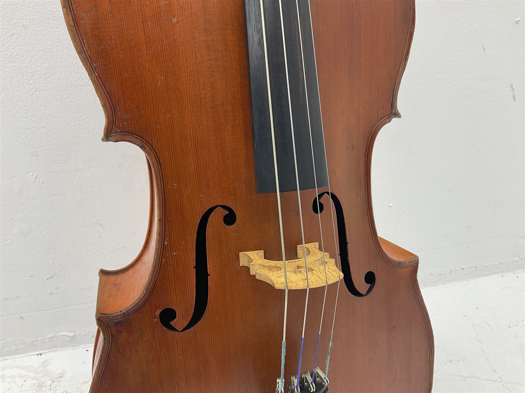 Modern student's three-quarter size cello with 70cm two-piece maple back and ribs and spruce top, L113cm overall