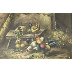 English School (early 20th century): Chickens and Cocks Running Amok in Barn, oil on panel unsigned together with another similar signed H King and an ornate oval frame containing a print aperture 38cm x 29cm (3) 