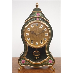  'Eluxa' French style cartouche shaped mantel clock, green finish with painted floral decoration, H31cm  