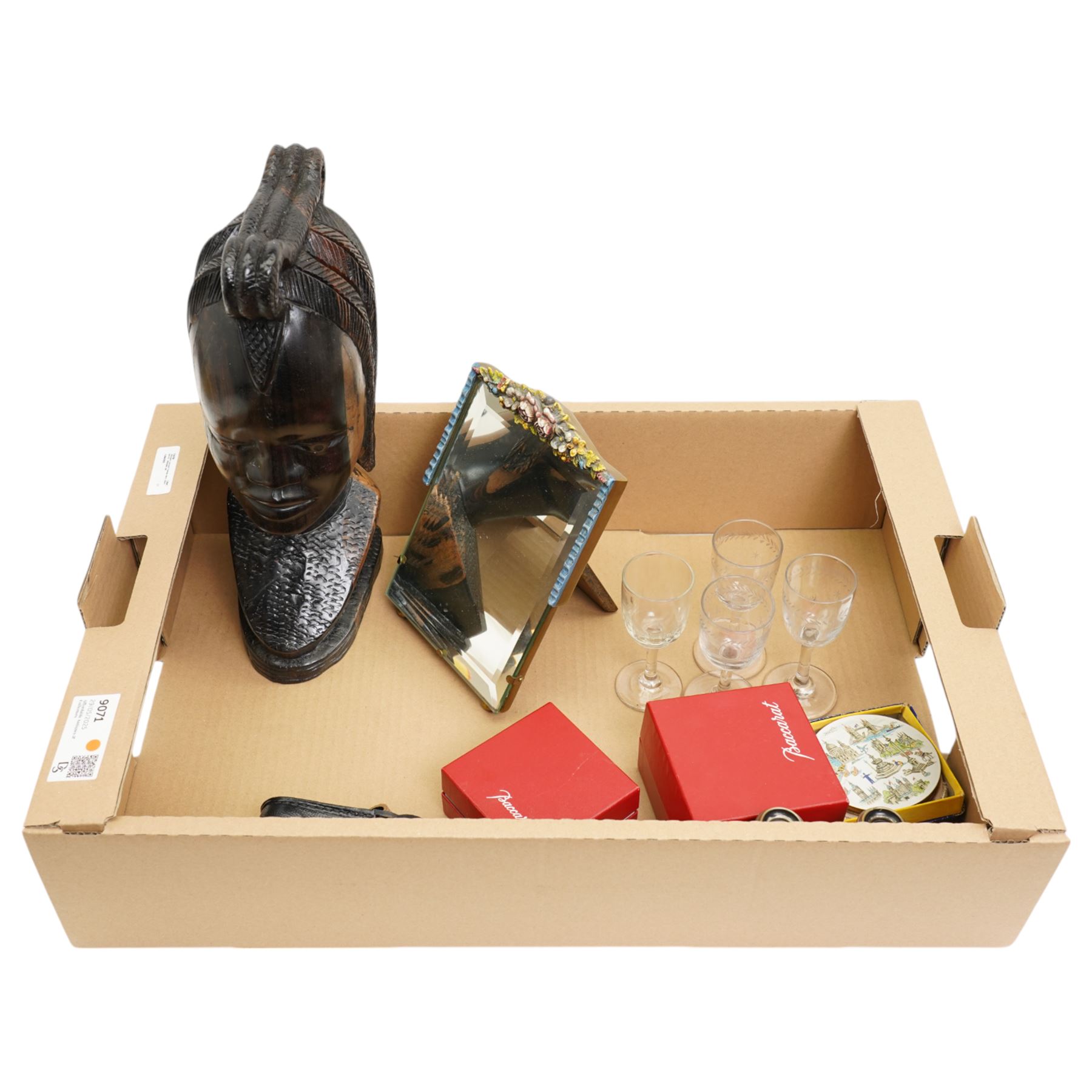 19th century drinking glasses with etched leaf and star decoration, mother of pearl opera glasses and similar pair, empty Baccarat scent bottles, Barbola mirror, Ebony bust etc