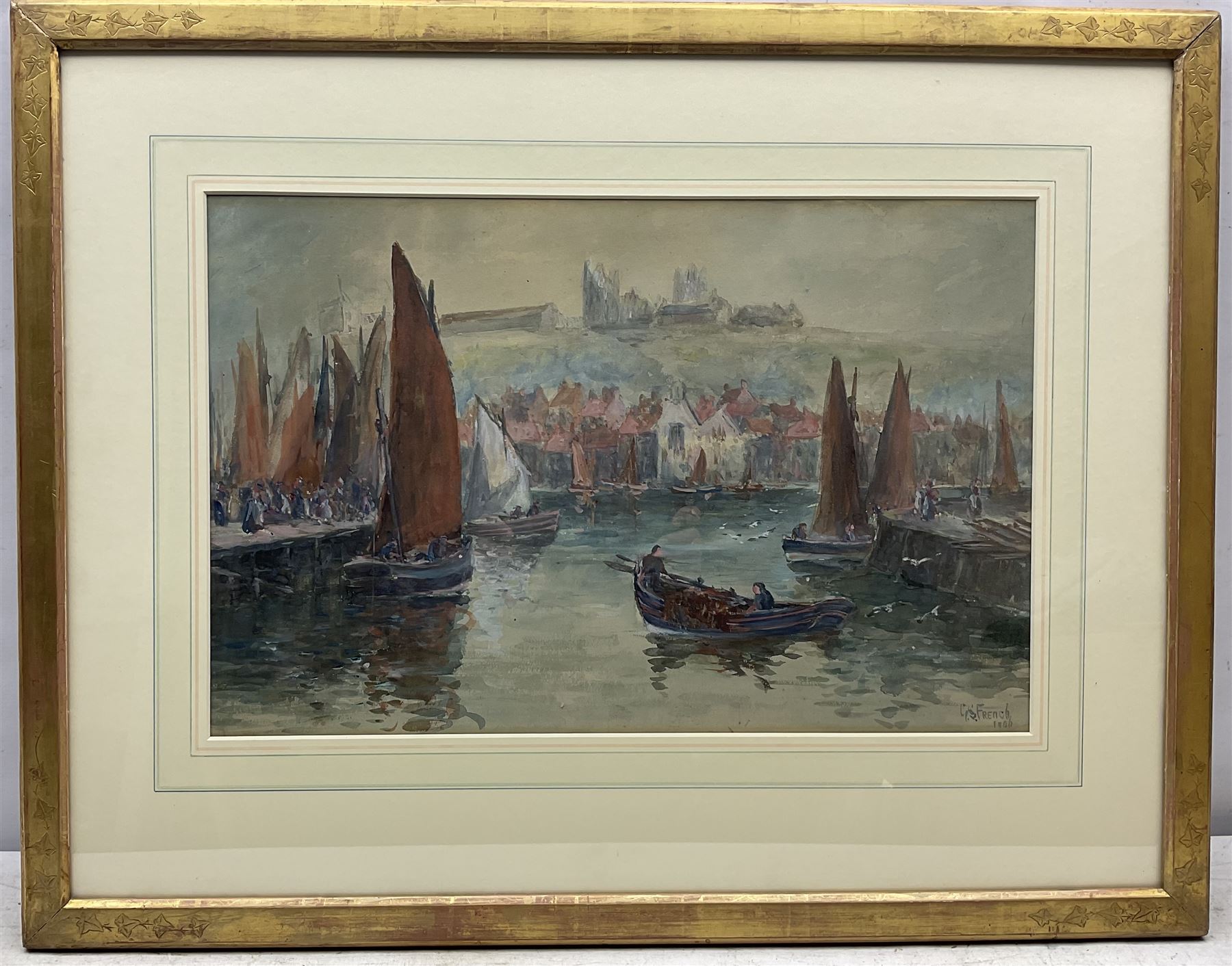 George Scarth French (British fl.1894-1910): Fishing Boats at Dock End Whitby Harbour, watercolour and bodycolour signed and dated 1906, 34cm x 53cm