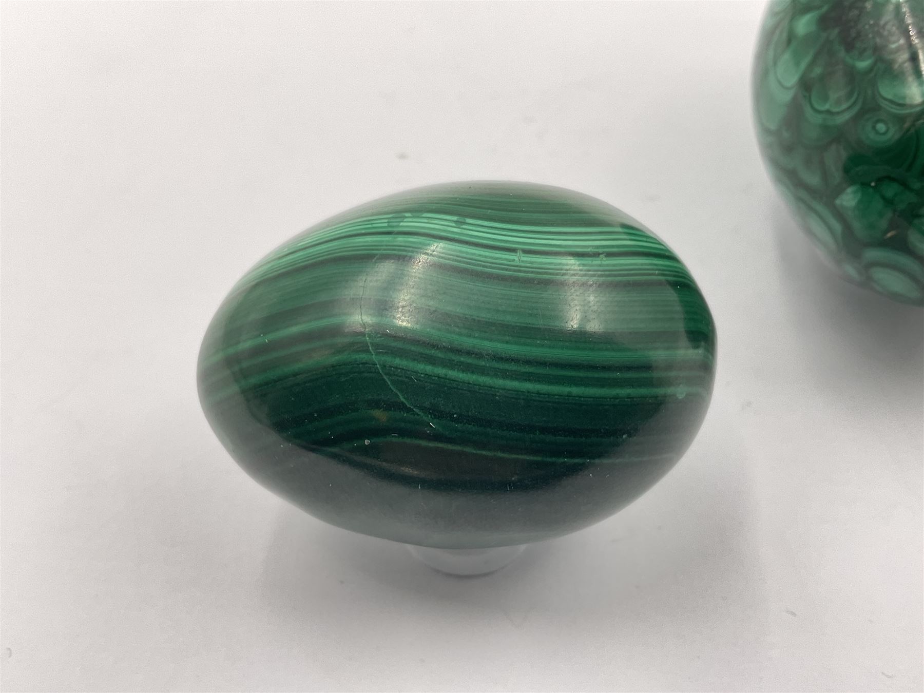 Three malicate specimen eggs, originally part of the collection of the late Stanley J Seeger, largest H7cm