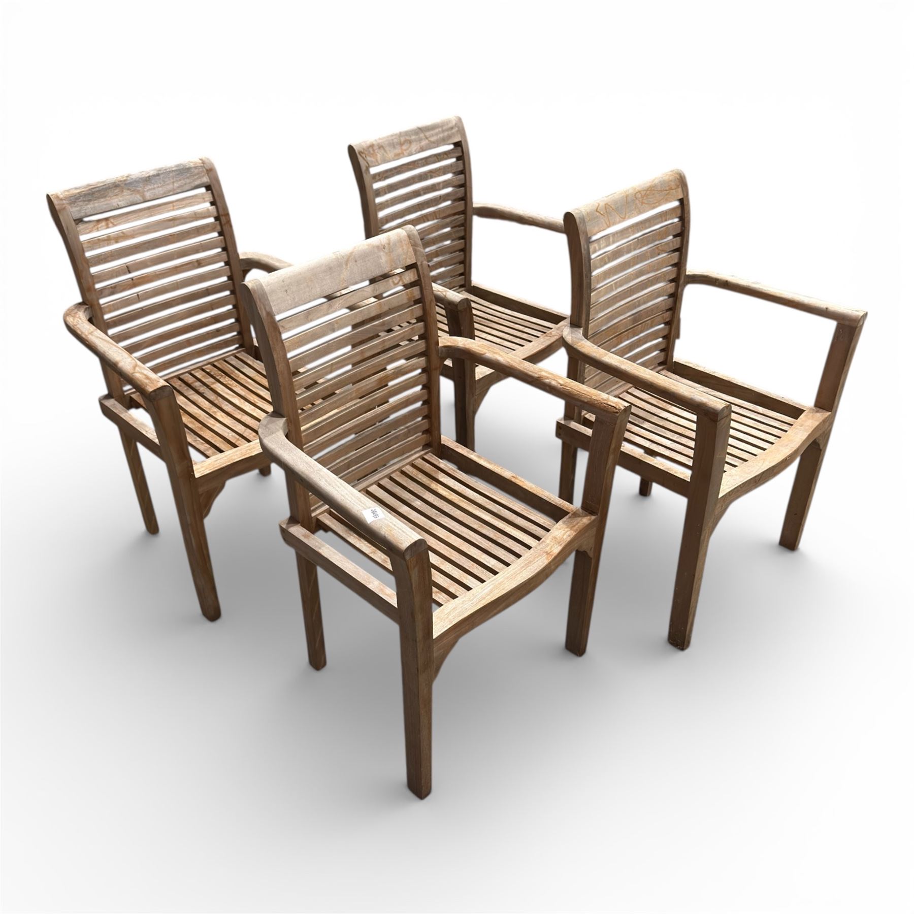 Set of four teak high back slatted garden chairs