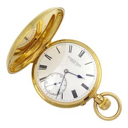 Victorian 18ct gold full hunter keyless lever pocket watch by Walters & George, London, No. 11151, white enamel dial with Roman numerals and subsidiary seconds dial, case by George Henry Hornby, London 1888