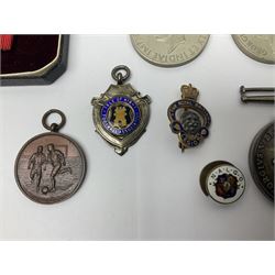 WWI pair of medals comprising British War Medal and Victory Medal awarded to 380807 Pte. W. Hayles Hamps. R.; Imperial Service Medal awarded to William Hayles; cased and boxed; WWII 1939-1945 War Medal and Defence Medal in issue box with slip; 1930s hallmarked silver football presentation fob etc