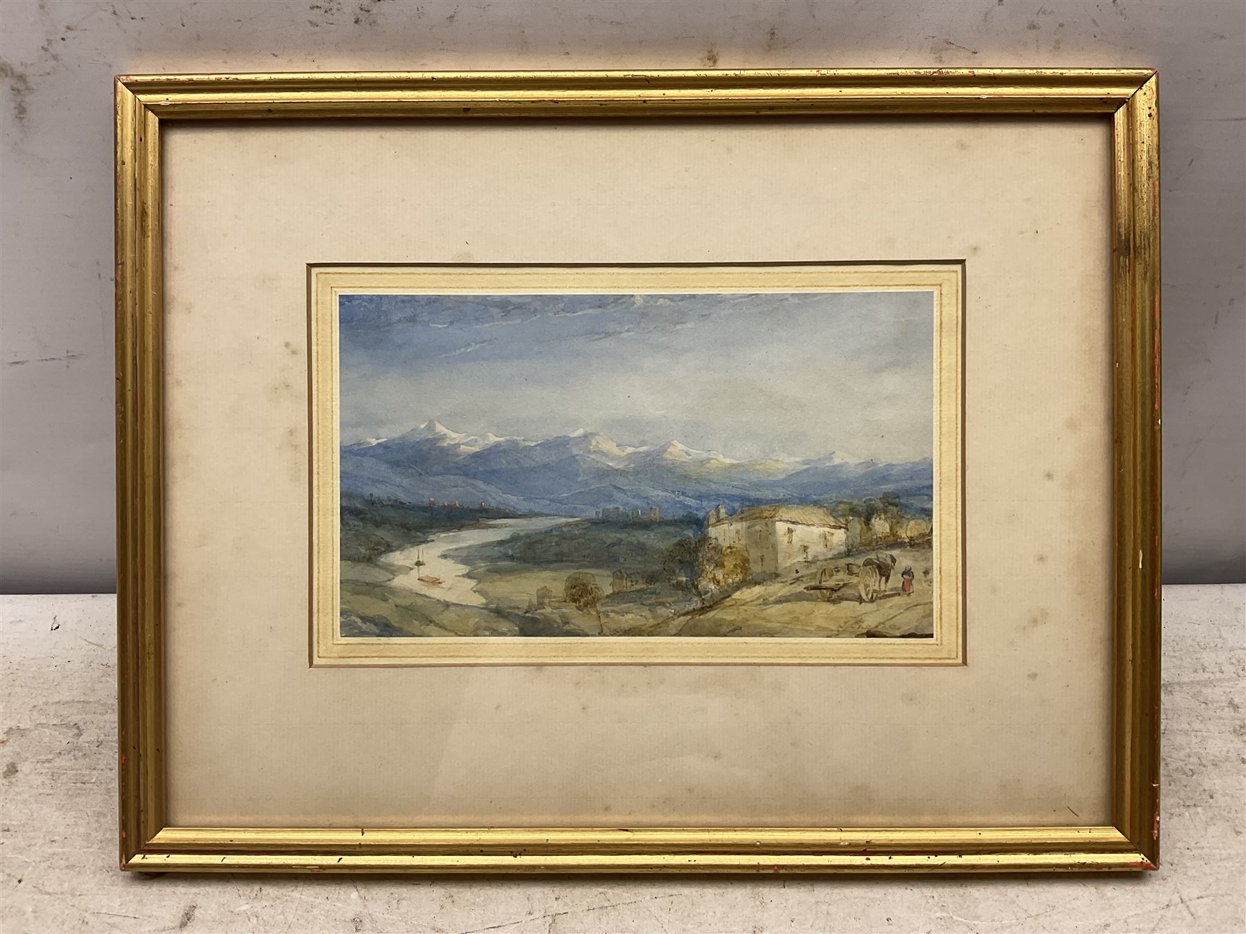 J Tucker (Early 19th century): The Alps with Farmhouse and Figures in the foreground, watercolour signed 13cm x 22cm
Provenance: with Sabin Galleries, Cork Street, London, label verso