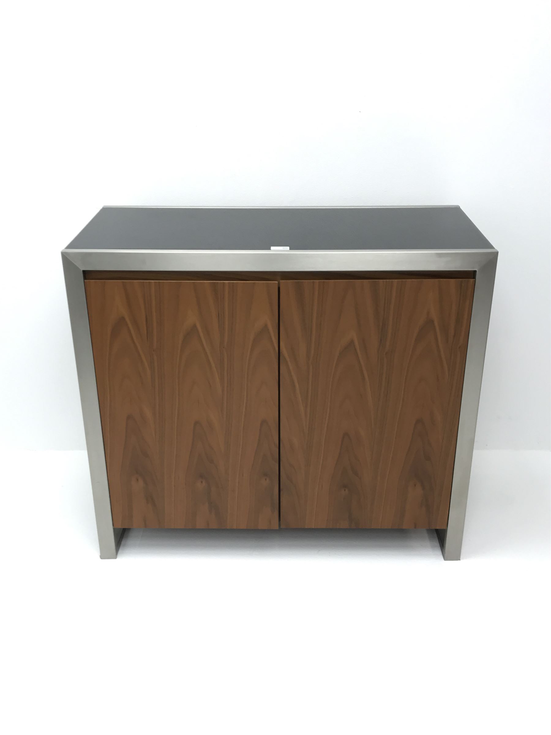 Dwell Furniture Nova walnut and black gloss cabinet, two doors enclosing four adjustable shelves cabinet, brushed steel frame supports