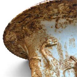 Andrew Handyside - pair of 19th century best quality cast iron garden urns, individually detailed in relief Allegorical Figures and Helaldic Swans, campagna form with twin handles, detail under rim, raised on circular fluted base