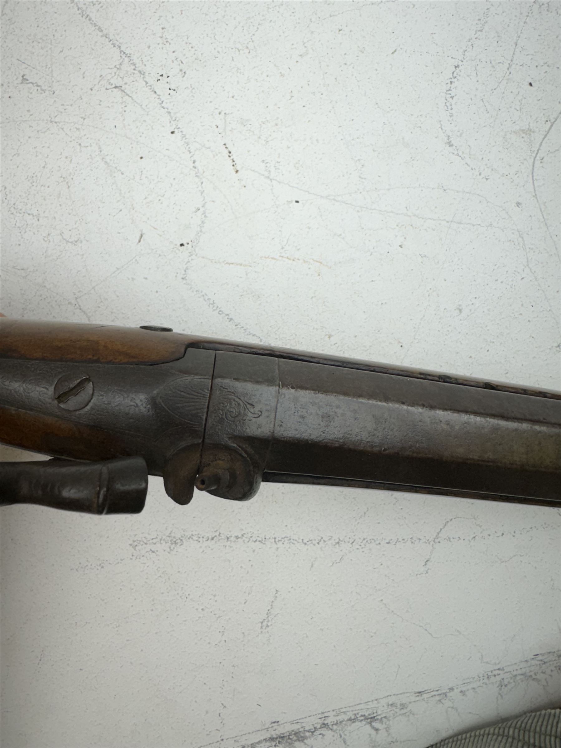 19th century Jones single barrel percussion fire shotgun, muzzle loader, walnut stock with chequered grip and engraved steel fitting marked Jones, the 68cm (27