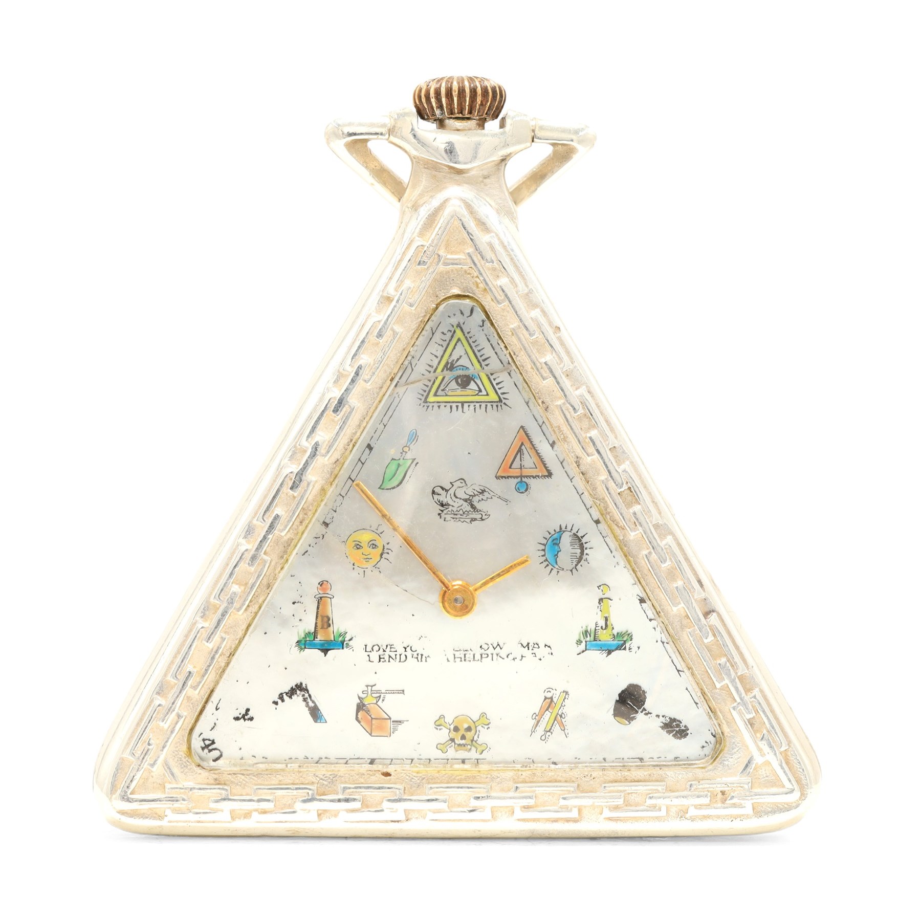Early 20th century silver Masonic keyless lever pocket watch, triangular mother of pearl dial with Masonic hour markers and inscribed 'Love Your Fellow Man, Lend Him A Helping Hand', case with embossed decoration, Glasgow import mark 1930