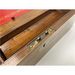 19th century burr yew wood tea caddy, of sarcophagus form, with strung details and brass mounts, the interior split into three compartments, upon four brass bun feet, together with an oak and brass bound writing slope, with red leather interior with gilt detailing, largest H16cm, W40cm