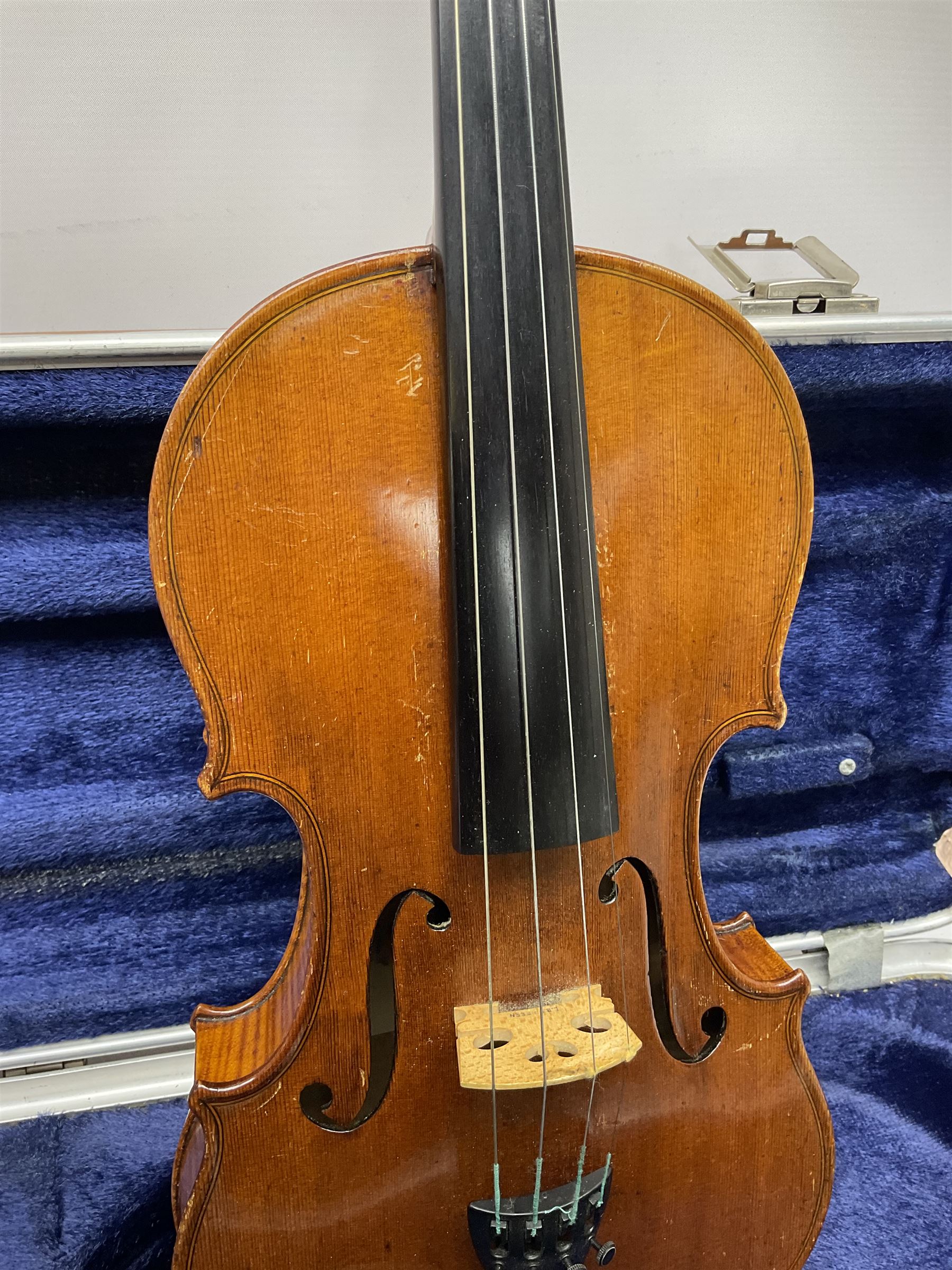 Early 20th century German Ernst Kreusler violin with 36cm two-piece maple back and ribs and spruce top, bears label 'Ernst Kreusler Dresden Anno 1925  Hand made reproduction of Antonius Stradivarius Cremona', overall L59cm; in hard carrying case