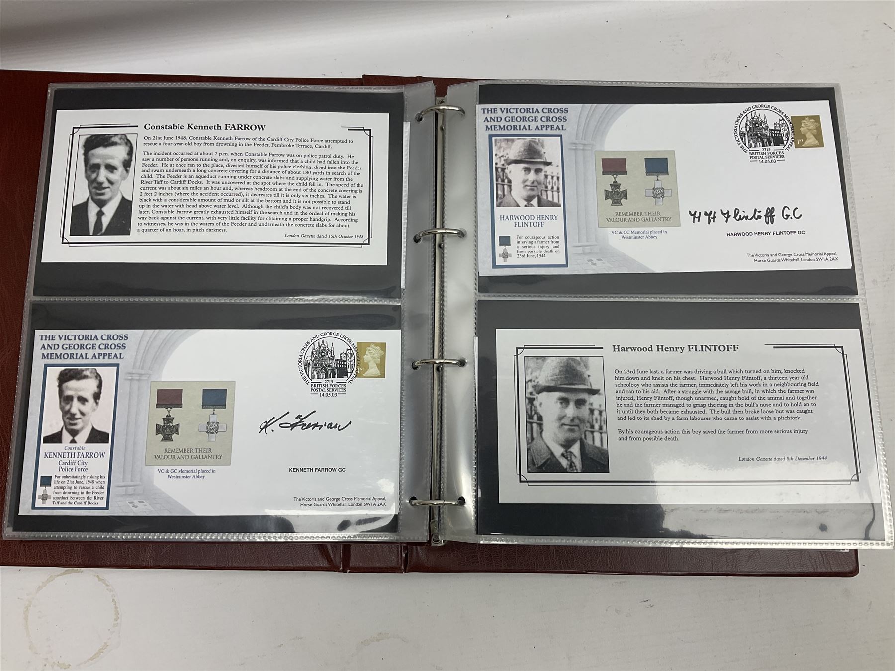 Album containing over seventy Victoria Cross and George Cross related First Day Covers, Medal Covers, Coin Covers, PHQ cards and postcards, Presentation Packs etc; some bearing signatures of the recipient.