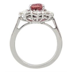 18ct white gold oval pink tourmaline and round brilliant cut diamond cluster ring, hallmarked, tourmaline approx 2.50 carat, total diamond weight approx 0.40 carat