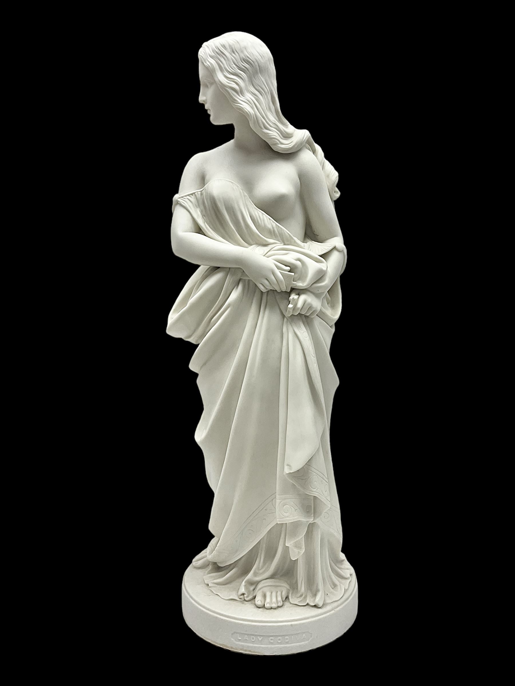 19th century Copeland Parian Ware figure, after R Monti, modelled as Lady Godiva, upon a circular titled plinth, signed and dated verso R Monti 1870, impressed to base Copyright Reserved Copeland, overall H22cm