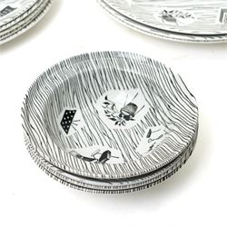 Enid Seeney for Ridgway Potteries 'Homemaker' pattern tea and dinner wares, c1950s/1960s, comprising three teacups and saucers, four small bowls, three larger bowls and twelve plates of graduating sizes