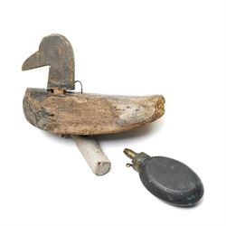 Antique naive wooden decoy duck with nodding head and balancing weight L26cm and a copper ...