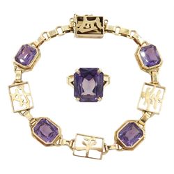 Gold synthetic purple stone and Chinese character mark bracelet and a gold purple stone set ring