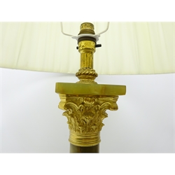  Large gilt brass and onyx Corinthian Column table lamp on square stepped base, H64cm excluding shade  