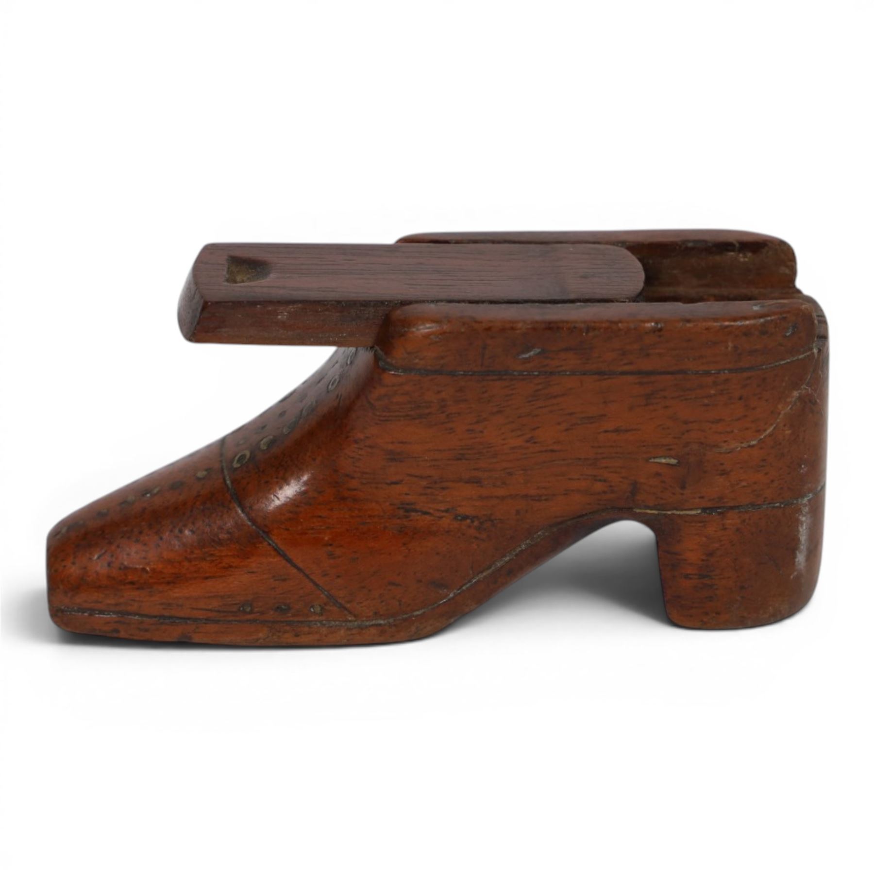 Two 19th Century treen novelty snuff boxes modelled as shoes, both with pinwork decoration, H4cm