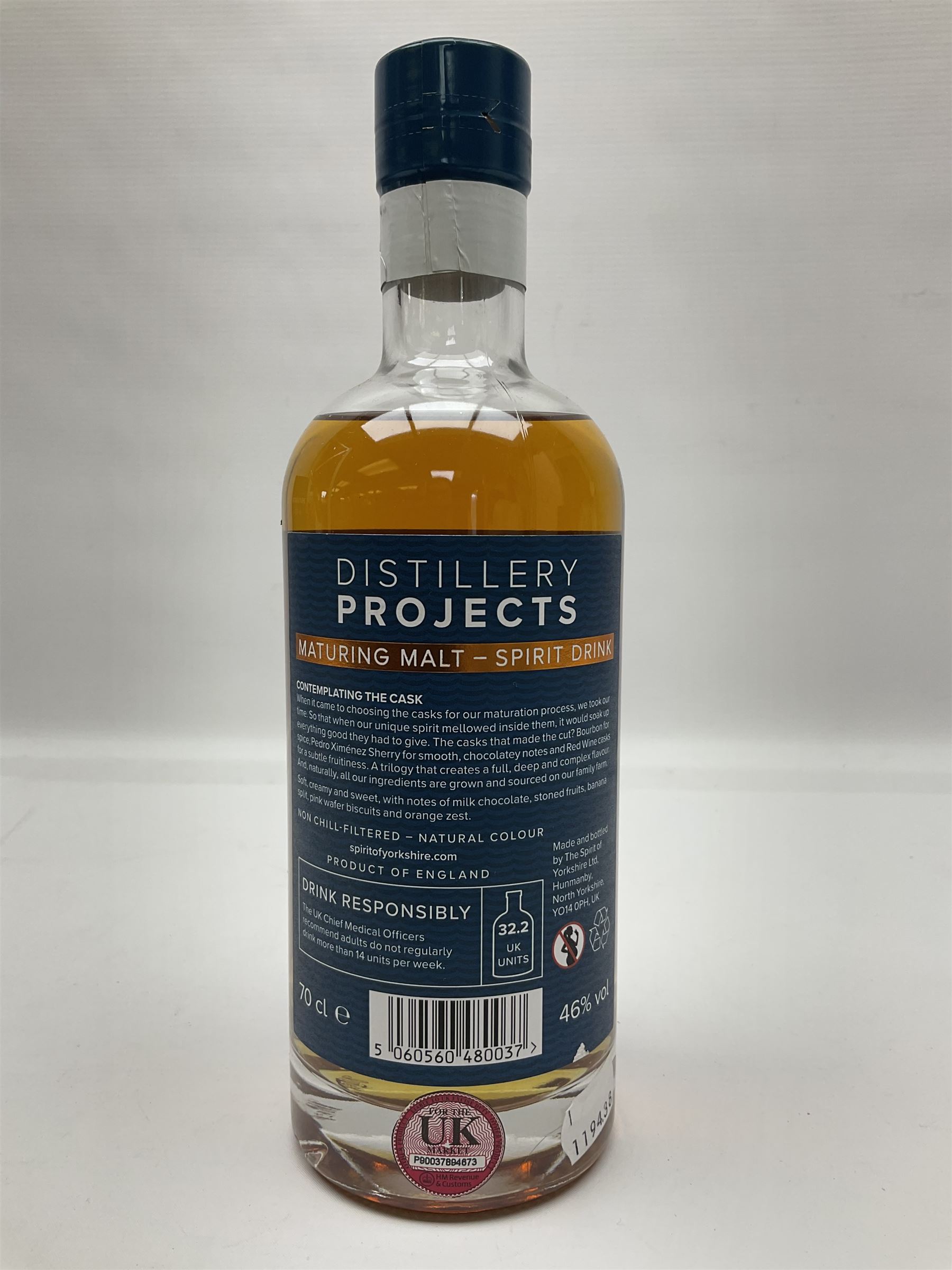 Spirit of Yorkshire Distillery, distillery projects maturing malt, project number 3, limited edition 254/2000, 70cl, 46% vol