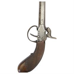Late 19th century Belgian percussion boxlock pocket pistol, marked PM, with octagonal barrel and checkered wooden grip, L23cm
Sold as an exempt item under Section 58 (2) of the 1968 Firearms Act, to be held as a curiosity or ornament
