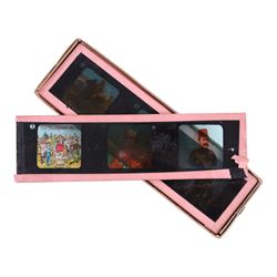 Collection of 9.5mm and 16mm cine film reels, mostly silent black and white with some notched examples, including 'Antarctic Whale Hunt' with sound, 'White Flame', 'The Good Old Days' electricity promotional, 'Rolling Around' Charlie Chaplin, etc, most in tin cases with hand written titles, together with two boxed sets of lantern slides, 'The Transvaal War', 'The Sweep & The Whitewasher' and 'Willies Revenge'