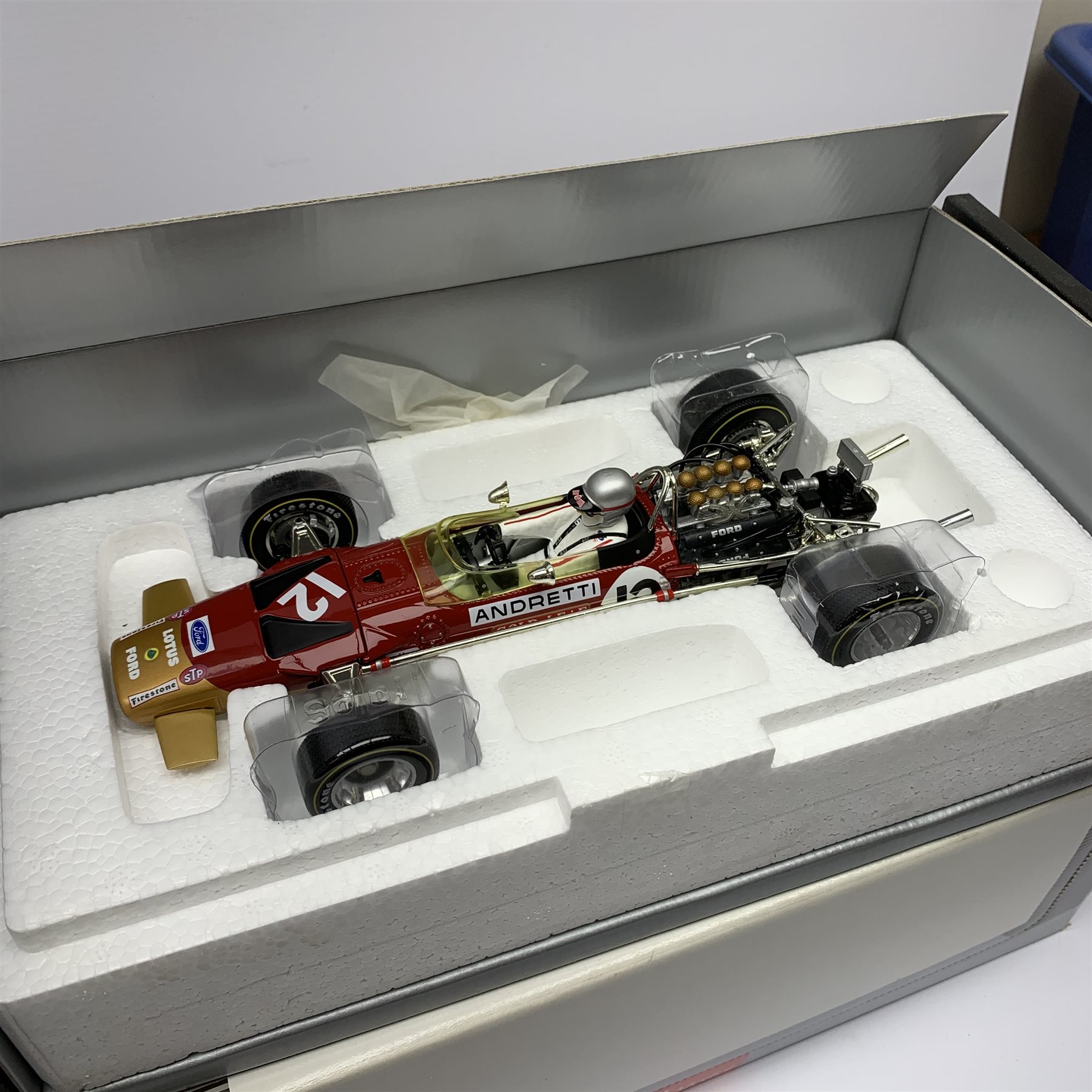 A-Model Classic Models - three 1:18 scale die-cast models of racing cars comprising Lotus 49B U.S.A. G.P. 68 Mario Andretti, Lotus 72D 'JPS' Winner British G.P. 72 Emerson Fittipaldi and Lotus 49 Winner British G.P. 67 Jim Clark, all boxed (3)