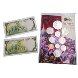 The Royal Mint United Kingdom 2012 ten coin set, on card and two Queen Elizabeth II 'The States of Jersey' one pound notes