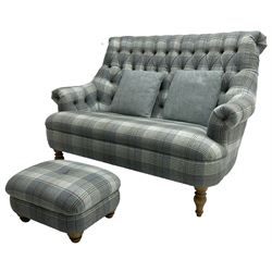 Wood Bros Furniture - 'Pickering Compact Two Seater Sofa', high rolled back, upholstered in buttoned 'Abraham Moon Huntingtower Celestial Fabric' in blue tartan, raised on turned oak feet, with matching footstool