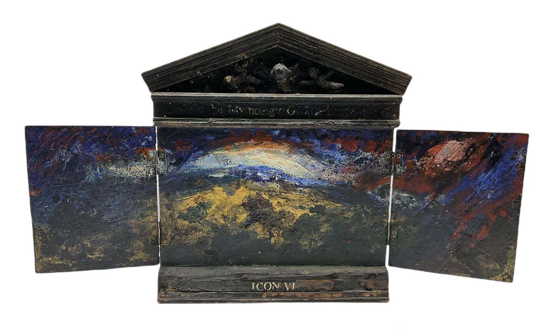 Frank Gordon (Northern British 1943-): 'The Mythology of Landscape - Icon VI', three dimensional acrylic on wood, titled verso with artist's address label 38cm x 66cm
Notes: Frank entered Bolton College of Art at the age of fifteen, followed by thirty years of teaching art and his early retirement in 1995, he moved to Giggleswick in the Yorkshire Dales 