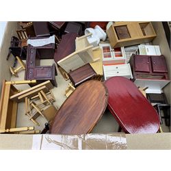 Large quantity of 1970s doll's house furniture, predominantly stained or painted wooden, including lounge, dining room, kitchen and bedroom pieces, bathroom fittings, bureaux and desks, piano, lamps, fire-surrounds etc; various scales
