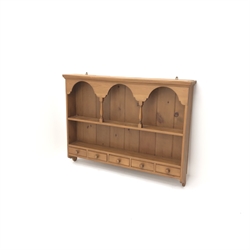  Solid pine two tier wall plate rack, projecting cornice, five spice drawers, W126cm, H93cm, D18cm  