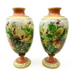  Pair Victorian Copeland porcelain vases, (1851-1895), possibly made for the International Exhibition, the oval bodies painted with profuse summer flowers & foliage within bands of trellis work, gilded and pink ground borders, probably painted by Charles Ferdinand Hurten, H28cm   