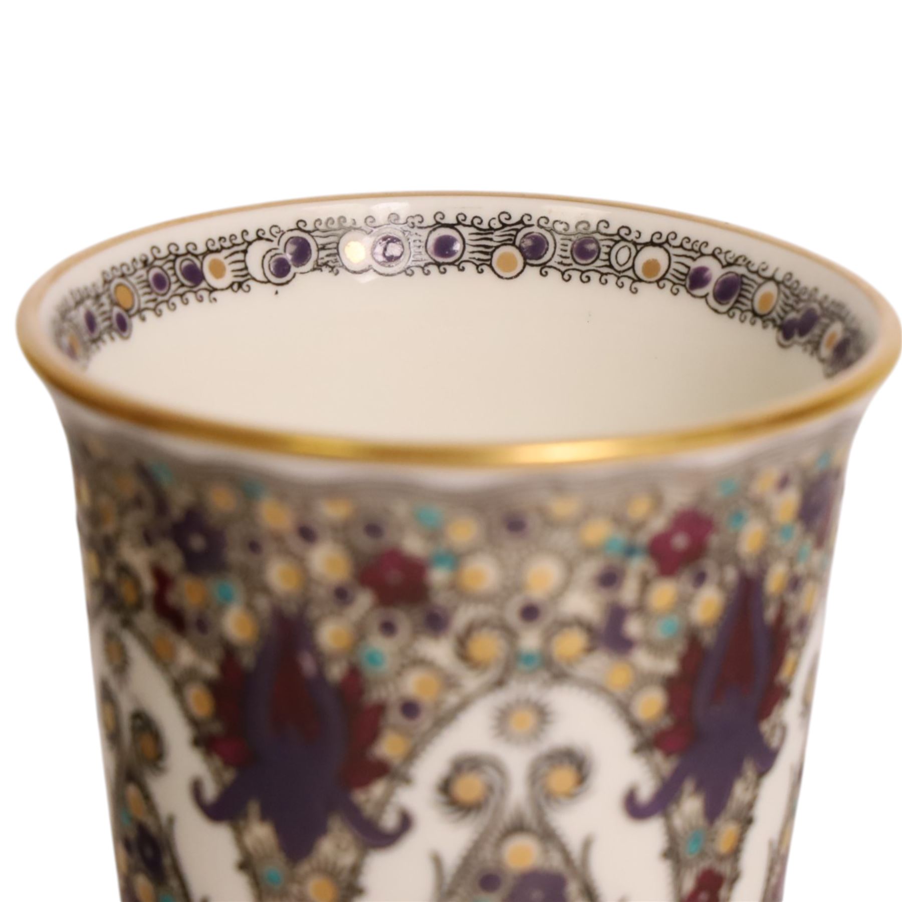 Pair of early 20th century Royal Worcester shape 2601 vases, painted with peacock feather design, marked in puce to base H16.5cm 