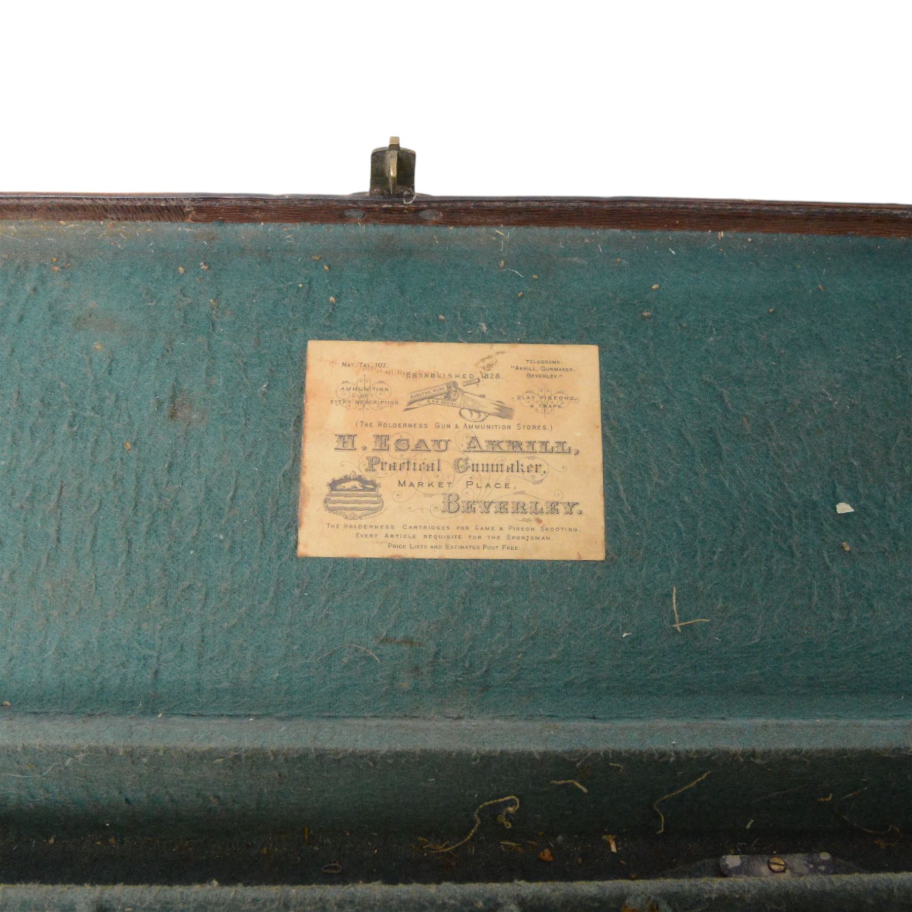 Leather shotgun case with the label of H Esau Akrill, practical gunmaker Beverly, inscribed  to lid 'R.S. Beverley', L83cm