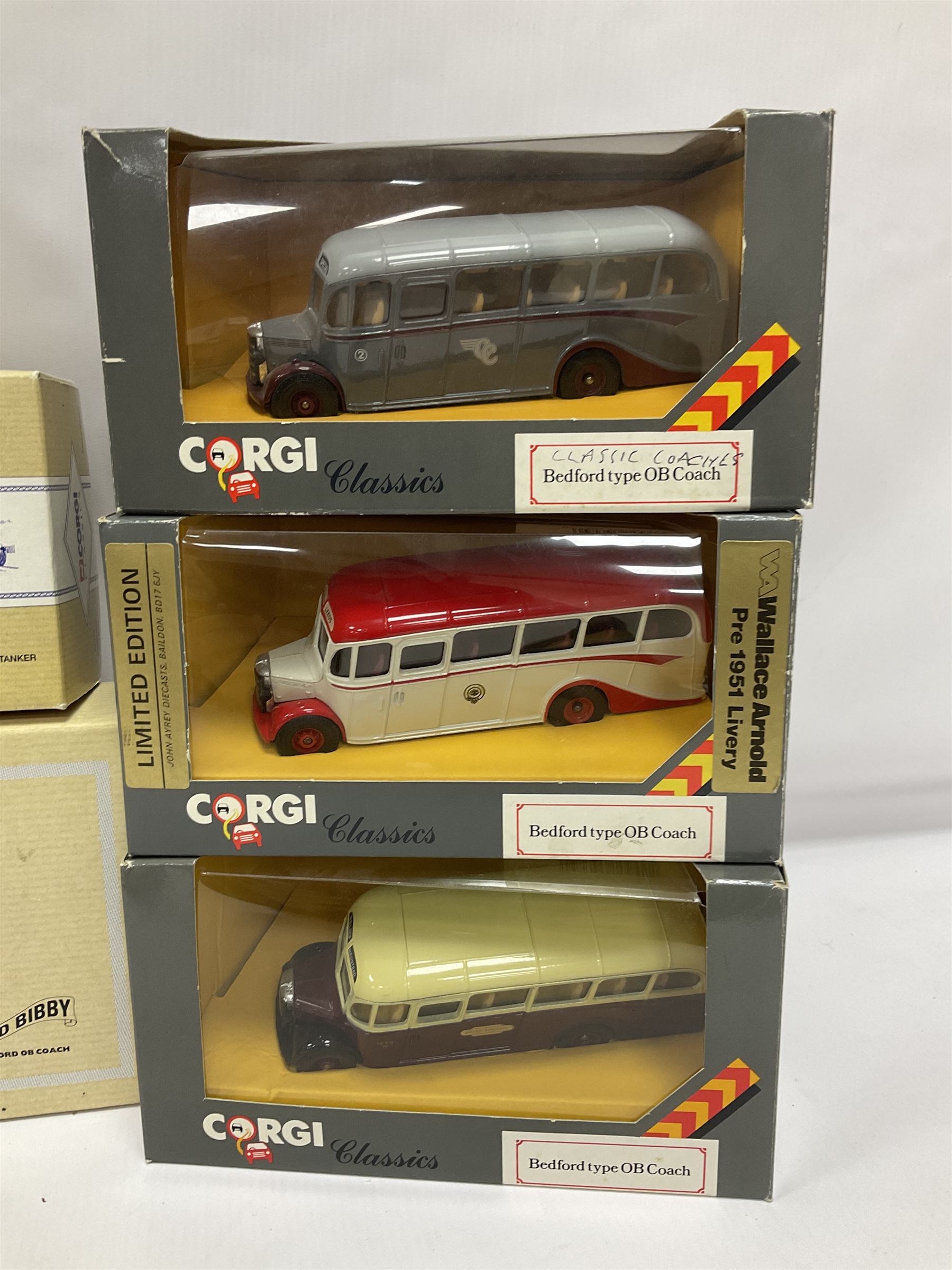 Corgi Classics - twenty one models to include 97106 The Fred Bobby Bedford OB Coach; 97108 The Granville Tours Bedford OB Coach; five Bedford type OB Coaches comprising 94912, D94927, C9494, D94914, 97100; further models 97319, 97372, 97370, 97317, 98456, 97368, 98164, 19702, 30501, 12501, 23101, 20202, C827 and D94924; all boxed (21) 